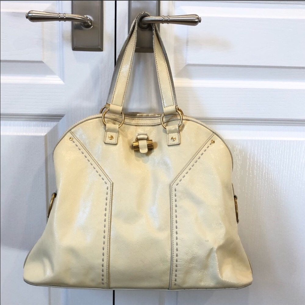 YSL White Patent Leather Muse Bowler XL Purse